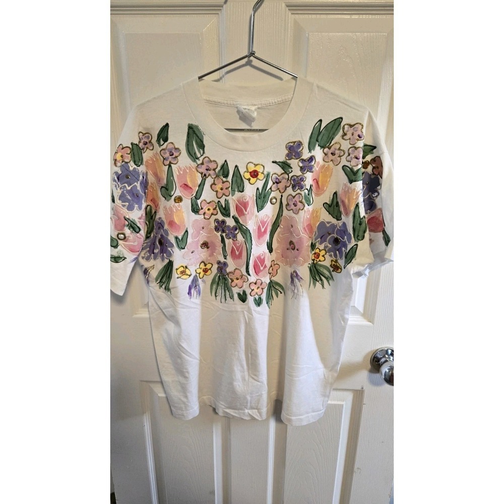 Hand Painted Floral T Shirt Single Stitch Vtg USA Rhinestone Art Tee OSFA M/L - Picture 2 of 8